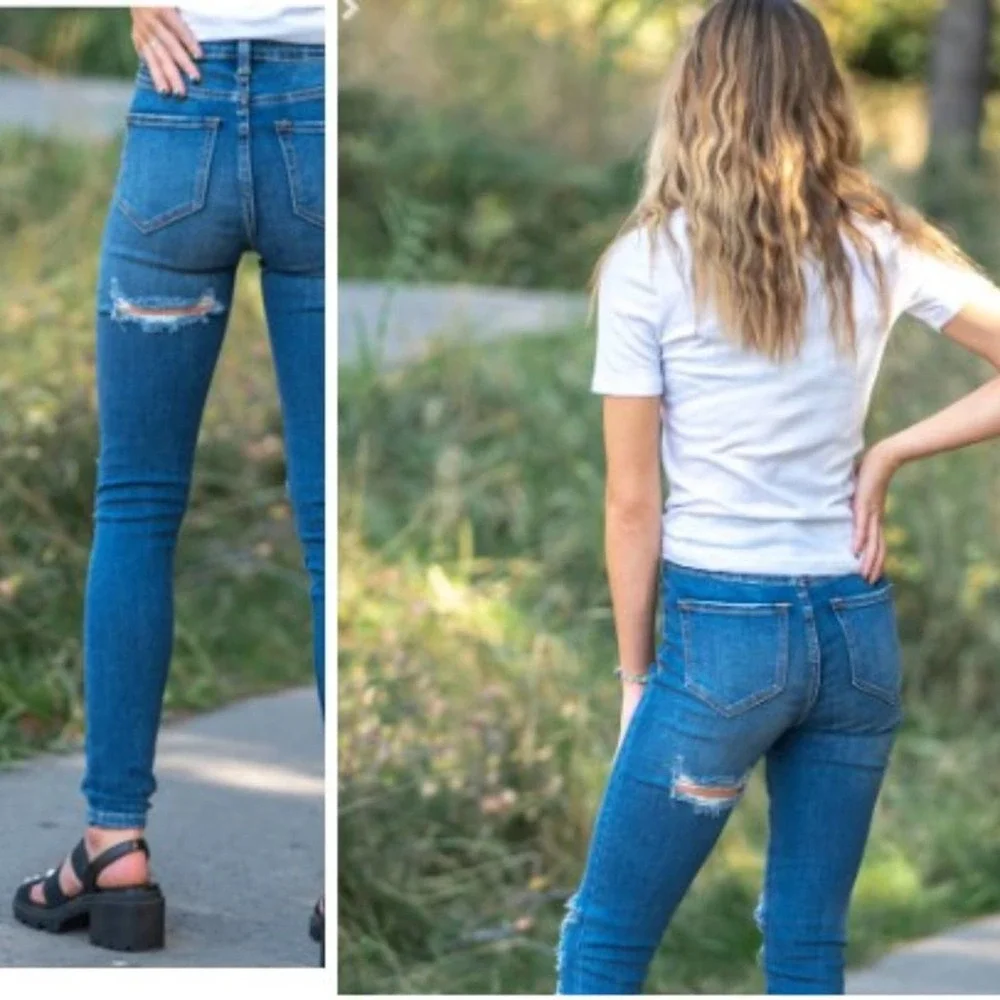Pretty Little Thing Cheeky Jeans Size 12 Ripped DARK BLUE Bum Mid Wash Skinny - Picture 5 of 6